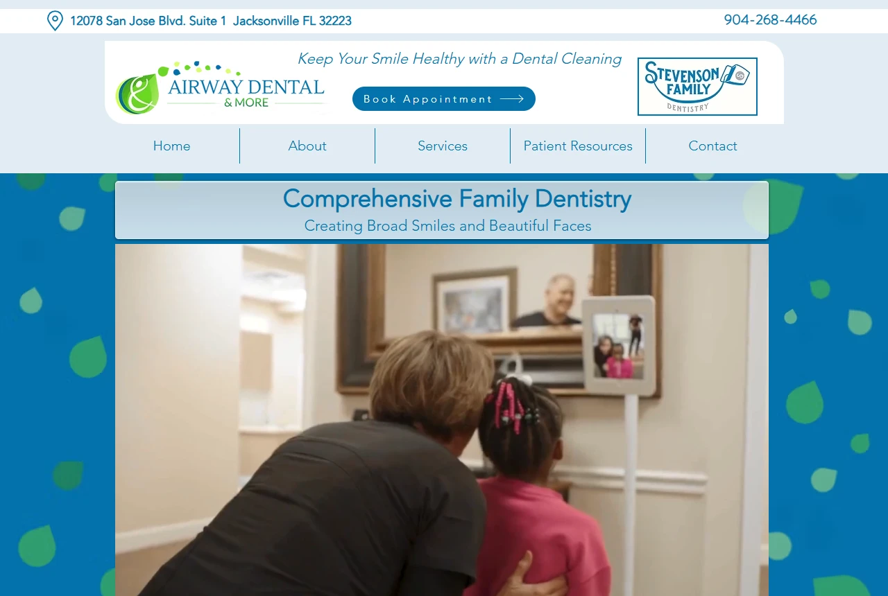 Screenshot of the Airway Dental & More homepage, featuring its dental care team and patient services.