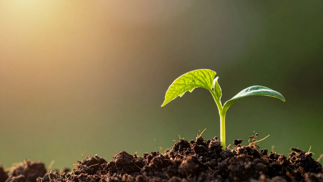 A bright green seedling taking root in rich soil, reaching toward the sunlight.
