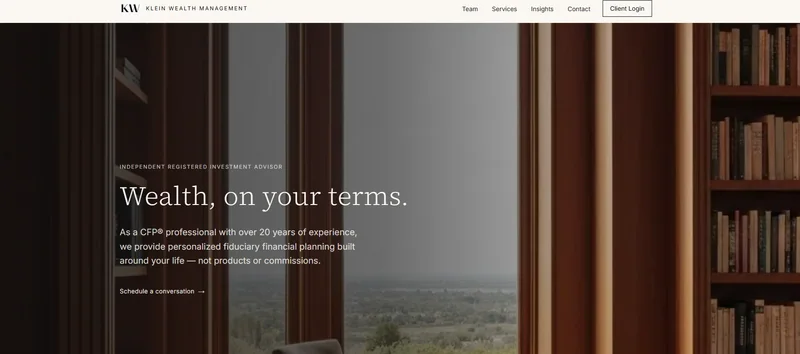 Klein Wealth Management website screenshot with its KW logo, navigation, and Wealth, on your terms headline.