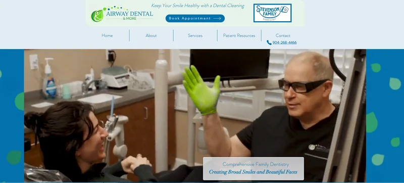 Airway Dental & More website screenshot showing the practice logo, navigation, and a dentist talking with a patient.