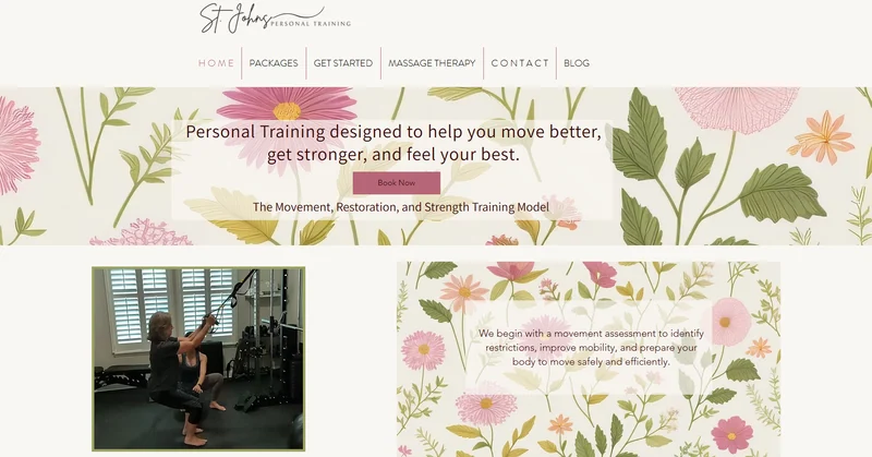 St. Johns Personal Training website screenshot with a floral background, personal training introduction, and a training session photograph.