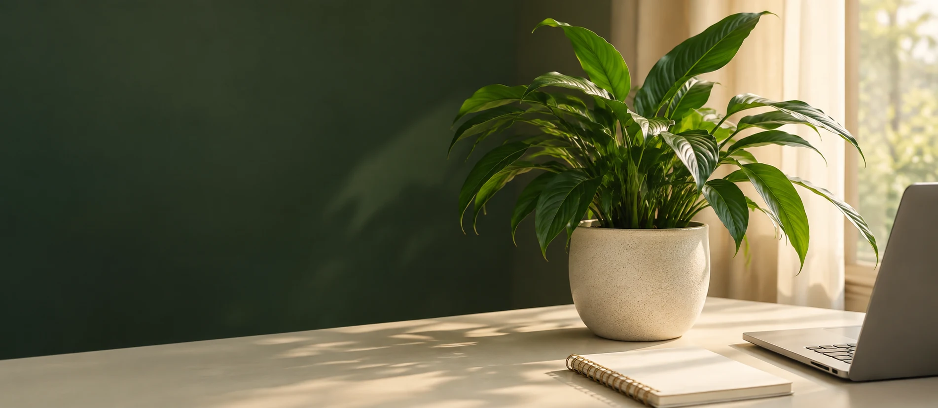 Leafy plant in a cream pot beside a notebook and laptop in warm natural light.